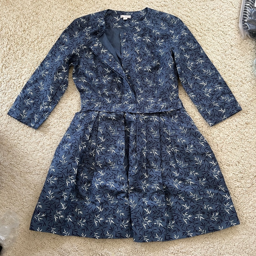 New Gap dress sleeves leaf pattern blue pleat skirt pockets snap 2 small